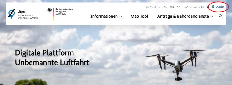 Screenshot der dipul Startseite, hervorgehoben ist die Schaftfläche zum Umstellen der Sprache auf englisch.