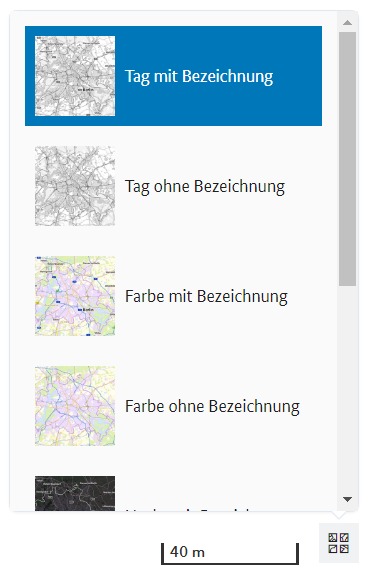 Menü "Hintergrundkarten" Menü "Hintergrundkarten", gelb hervorgehoben: Schalter zum Schließen des Menüs