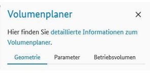 Ausschnitt der Volumenplaner-Registerkarte mit den drei Untermenüs "Geometrie", "Parameter" und "Betriebsvolumen"