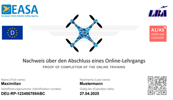 Sample of drone proof of compentence Sample of a EU certificate of competency, including logos of EASA, LBA and a QR-code, issued for A1/A3 category. Text: Proof of completition of the online training. Issued to Maximilian Mustermann.