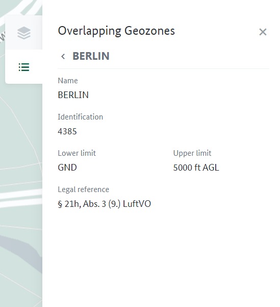 Detail view of  the overlapping geozone Berlin. There is shown the name of the geozone, an identifier, lower and upper limit of height and the legal reference.