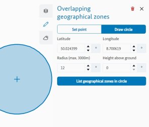 Drawing circle dialog after circle has been drawn. Drawing circle dialog after circle has been drawn. Now the button 'List geographical zone in circle' is active.