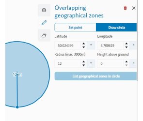 Drawing circle dialog when first point is set, but second point has to be set. Drawing circle dialog when first point is set, but second point has to be set. 'List geographical zones' is still not activated.