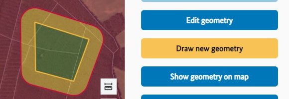 Volume planner section with map display of the the operational volume with ground risk buffer after "saving" the geometry. The "Edit geometry" button is available in the "Geometry" menu