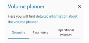 Section of the Volume Planner tab with the three Submenus "Geometry", "Parameters" and "Operational volumes"